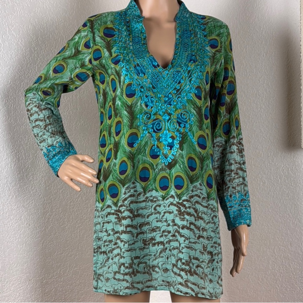 SOL Royal Peacock Embroidered Boho V-Neck Tunic